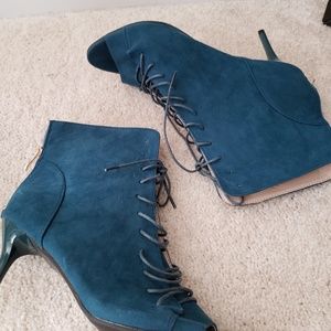 Teal open toe lace up booties